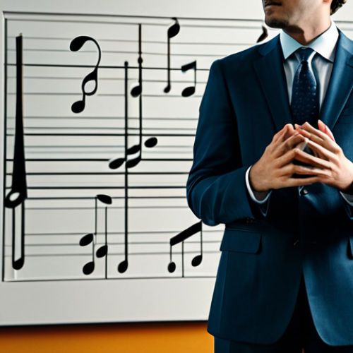A focused professional musician, fully clothed in a modest business suit, standing in a sophisticated, well-lit music studio. Dynamic, abstract visualizations of pulsating rhythm lines and vibrant, interconnected musical scales with key signatures subtly flow around them, illustrating the foundational pulse and emotional palettes of music. The image captures a moment of deep understanding and connection to the music. safe for work, appropriate content, professional dress, perfect anatomy, correct proportions, natural pose, well-formed hands, proper finger count, natural body proportions, high quality, family-friendly.