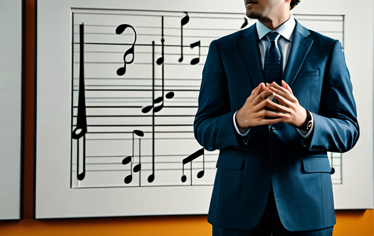 A focused professional musician, fully clothed in a modest business suit, standing in a sophisticated, well-lit music studio. Dynamic, abstract visualizations of pulsating rhythm lines and vibrant, interconnected musical scales with key signatures subtly flow around them, illustrating the foundational pulse and emotional palettes of music. The image captures a moment of deep understanding and connection to the music. safe for work, appropriate content, professional dress, perfect anatomy, correct proportions, natural pose, well-formed hands, proper finger count, natural body proportions, high quality, family-friendly.
